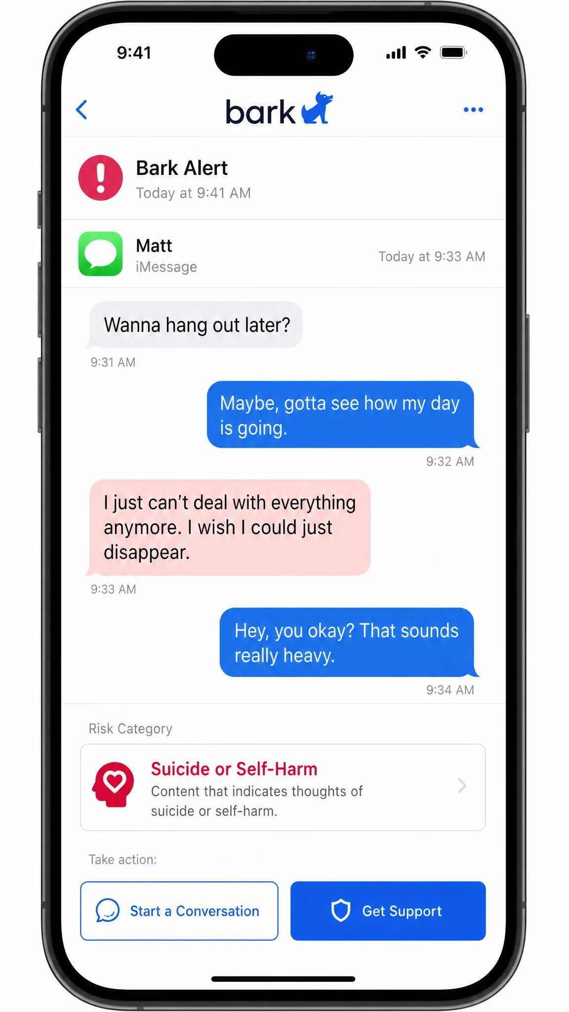 A single Bark alert opened on a phone screen, showing a flagged text excerpt highlighted in the middle of the surrounding conversation with a risk category label and action buttons at the bottom.