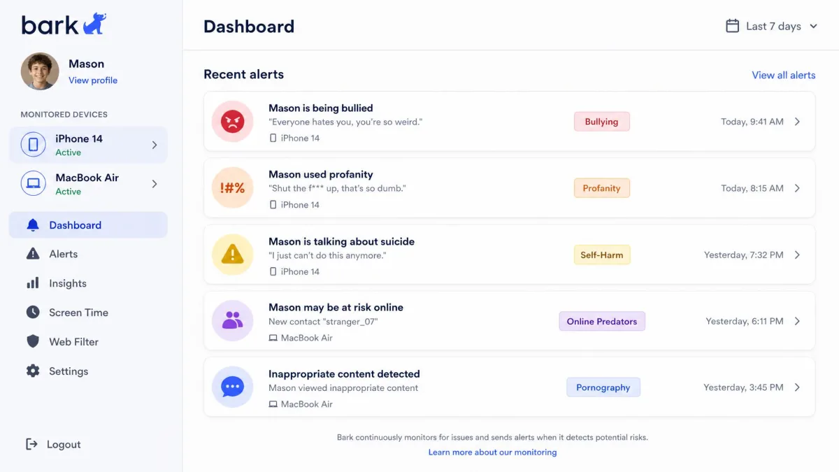 The Bark parent dashboard showing a list of recent alerts, each labelled with a risk category such as bullying or profanity, with the child's name and device listed in the left sidebar.