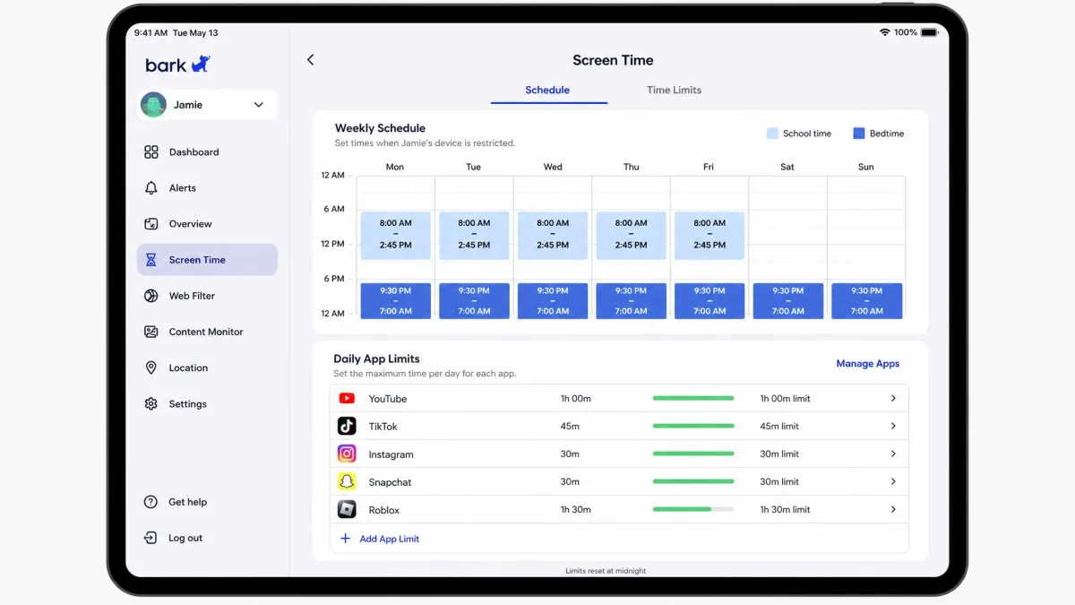 Bark's screen time settings open on a tablet, showing a weekly schedule grid with school hours and bedtime blocks shaded, and a list of per-app daily limits below it.