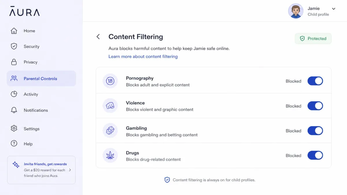 Aura's content filtering screen with category switches for pornography, violence, gambling and drugs turned on for a child profile.