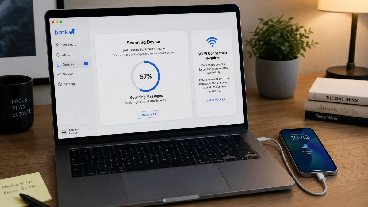A laptop running Bark's desktop app mid-scan with an iPhone connected on the desk beside it, showing the Wi-Fi requirement notice on screen.