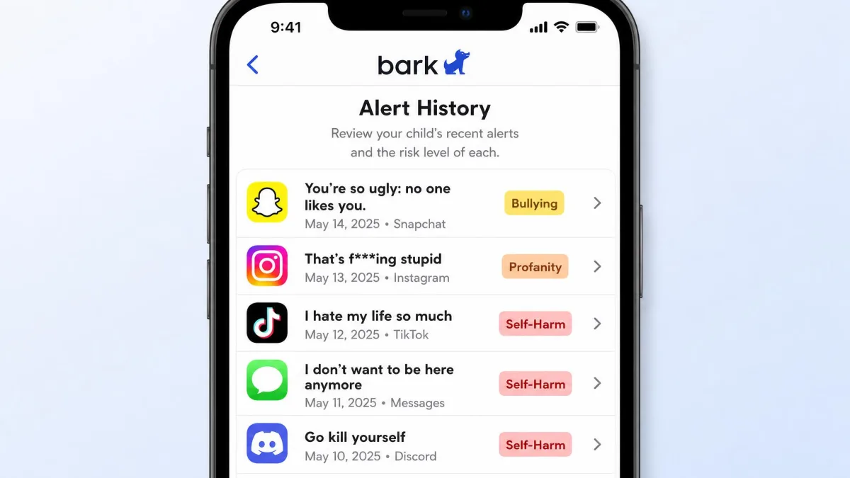 Bark's alert history list on a phone showing several entries tagged with risk categories such as bullying, profanity and self-harm, each with a date and the app it came from.