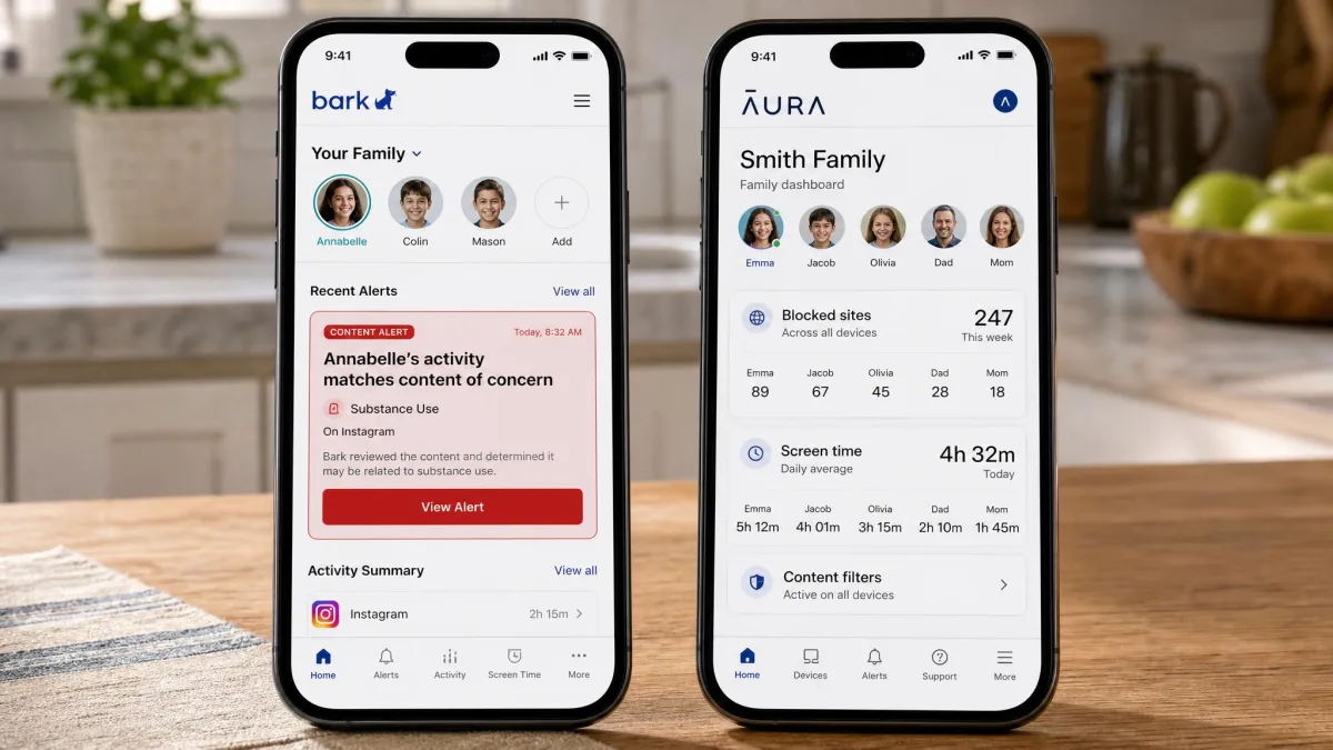 Two smartphones side by side on a kitchen table, the left showing Bark's parent dashboard with a red content alert card and the right showing Aura's family dashboard with blocked-site counts and screen time totals.