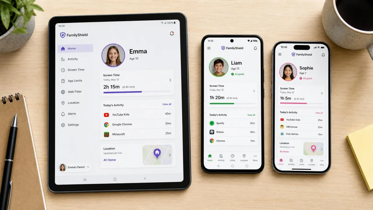 A tablet, an Android phone and an iPhone laid out on a desk, each showing a parental control app's home screen with a different child profile.