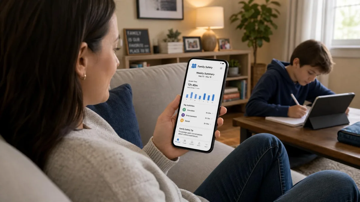A parent sitting on a sofa reviewing a family safety app's weekly summary on a phone, with a child doing homework on a tablet in the background.