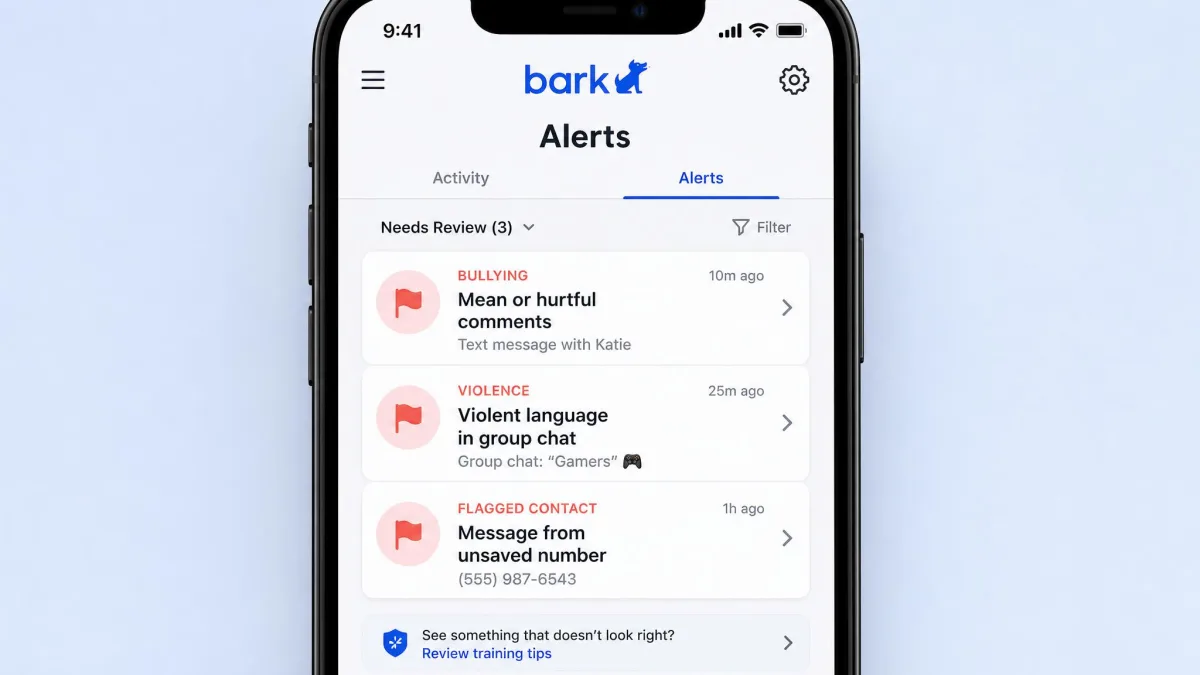 Bark's alert feed on a phone showing three flagged items, one labelled bullying, one labelled violence from a group chat, and one flagged contact from an unsaved number.