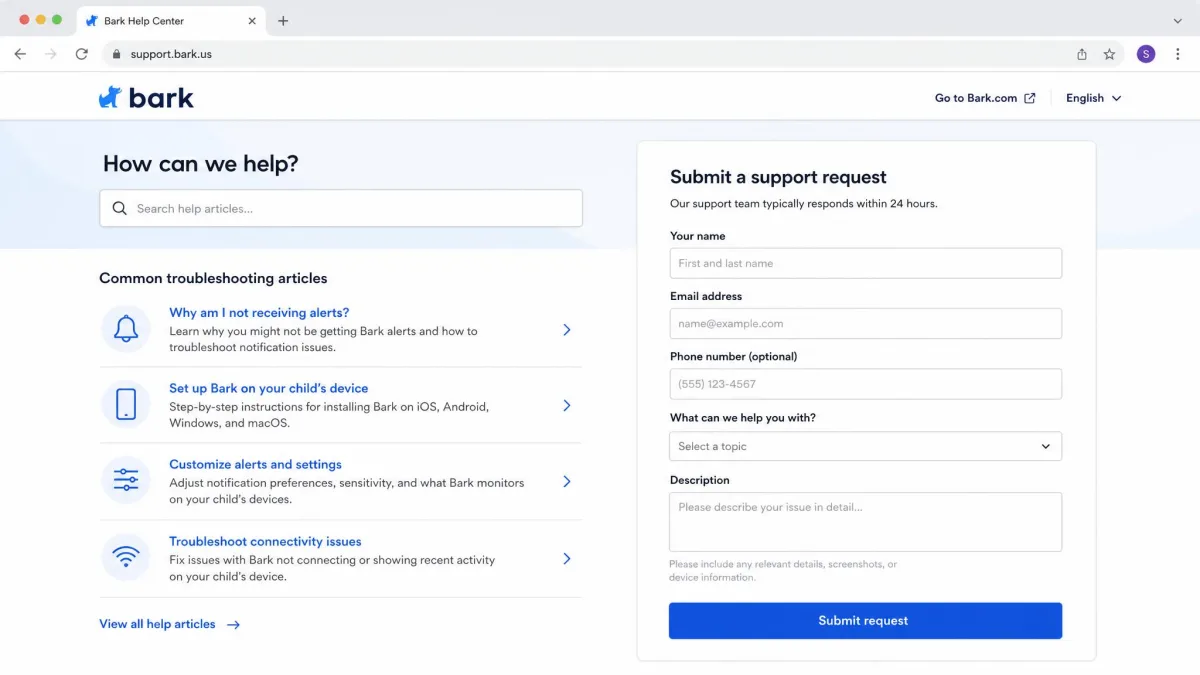 Bark's help center page open in a browser with a support request form on the right and a list of common troubleshooting articles about alerts and setup on the left.