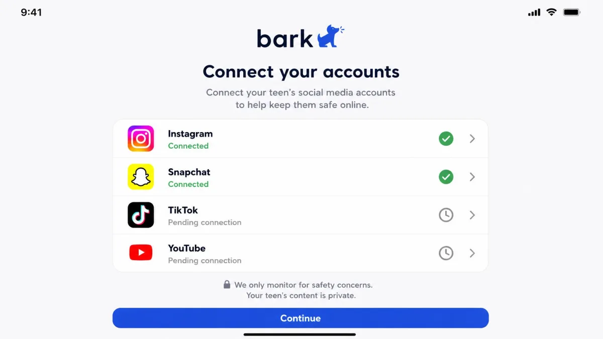 Bark's iOS setup screen listing social accounts to connect, with Instagram and Snapchat marked connected in green and two accounts still showing a pending status in grey.