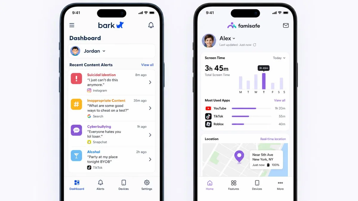 Bark's parent dashboard on the left showing a list of recent content alerts, next to FamiSafe's parent dashboard on the right showing daily screen time totals and a map pin, displayed on two phone screens.