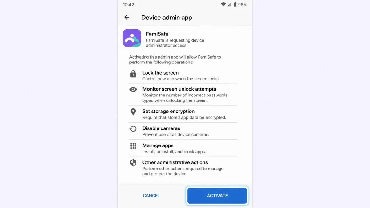 An Android permissions screen showing FamiSafe requesting device administrator access, with the activate button highlighted and a list of the permissions being granted below it.