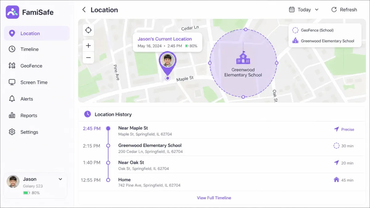FamiSafe's map view showing a child's current location pin, a circular geofence drawn around a school, and a timeline of location history entries listed beneath the map.