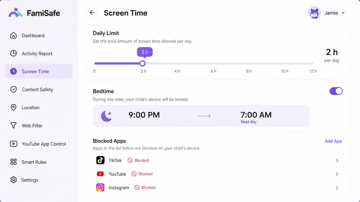 FamiSafe's screen time settings screen showing a daily limit slider set to two hours, a bedtime schedule block from 9pm to 7am, and a list of blocked apps below it.