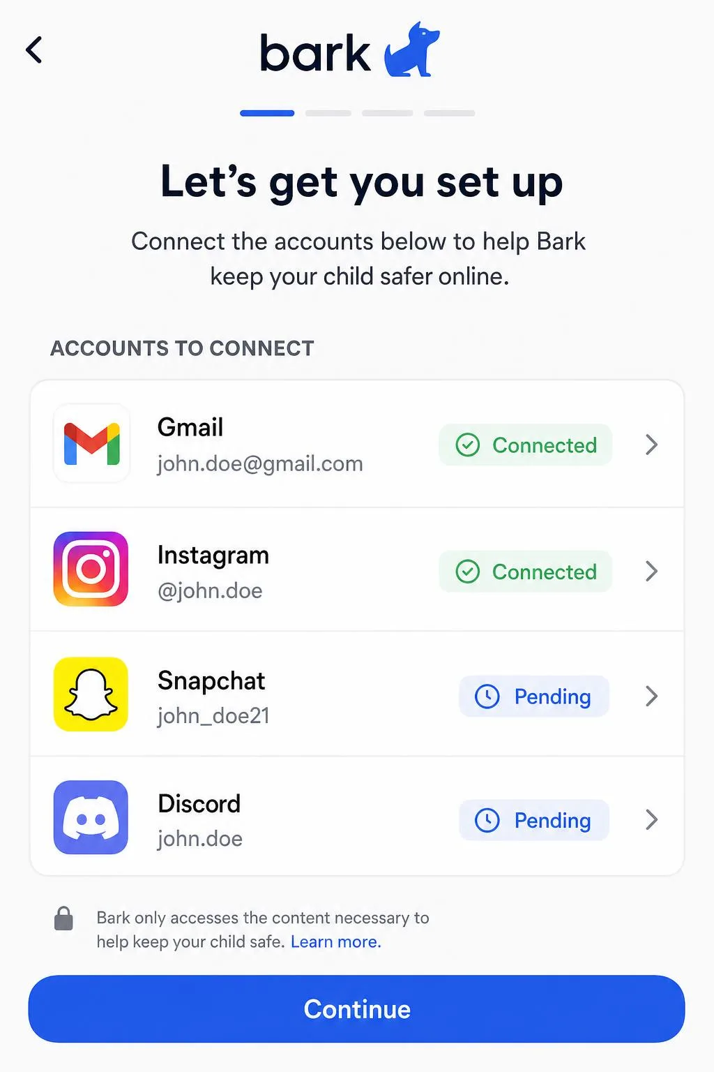 The Bark setup screen listing social and email accounts waiting to be connected, with Gmail and Instagram already linked and Snapchat and Discord still pending.