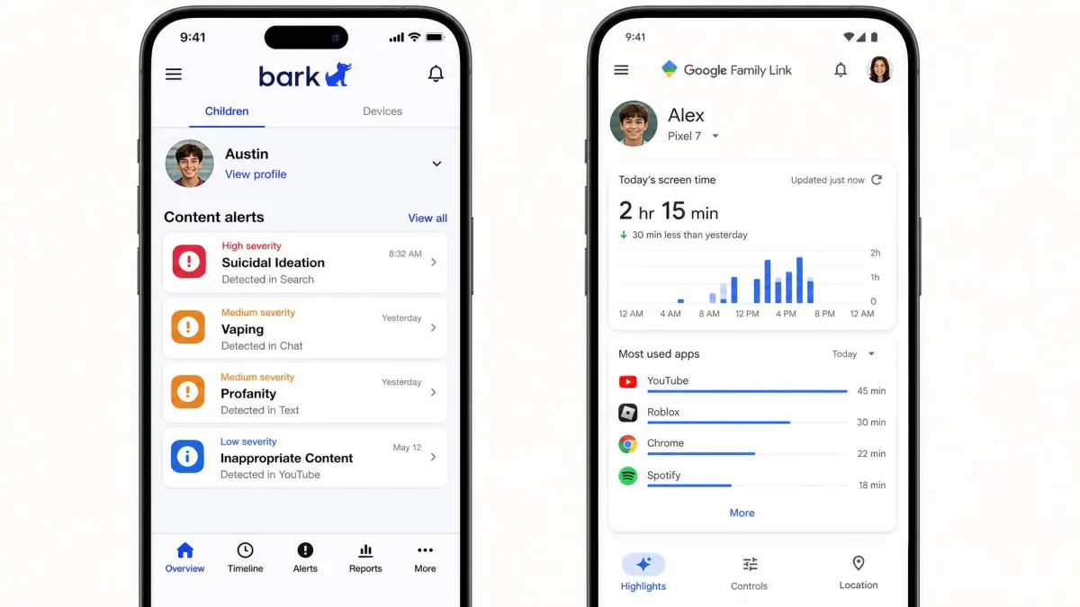 Two phone screens shown side by side, the Bark parent dashboard displaying a list of content alerts on the left and the Google Family Link home screen showing today's screen time and app usage on the right.