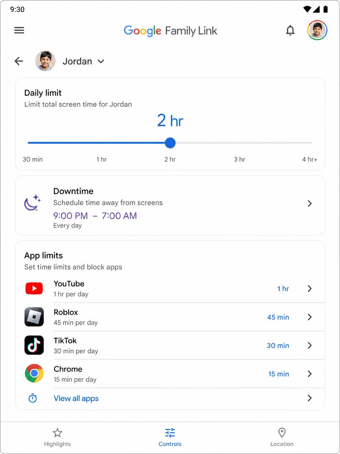 The Google Family Link controls screen showing a daily screen time limit slider set to two hours, a Downtime schedule for bedtime, and a list of per-app time limits beneath it.