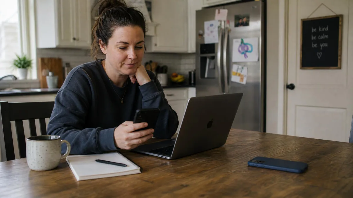 A parent sitting at a kitchen table looking at a Bark risk alert on their phone, with a child's smartphone face down on the table beside a laptop.
