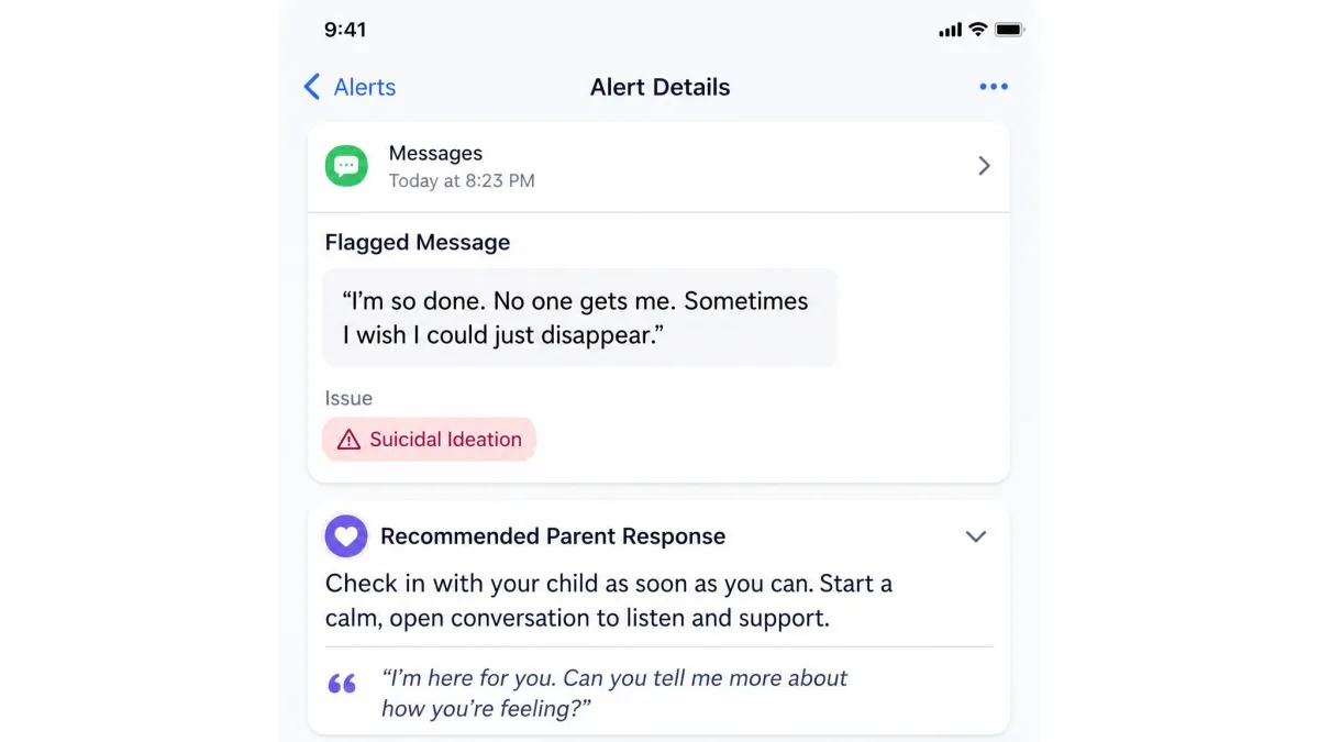 The Bark parent app alert detail screen showing a flagged message excerpt, its issue category label and the recommended parent response text below it.