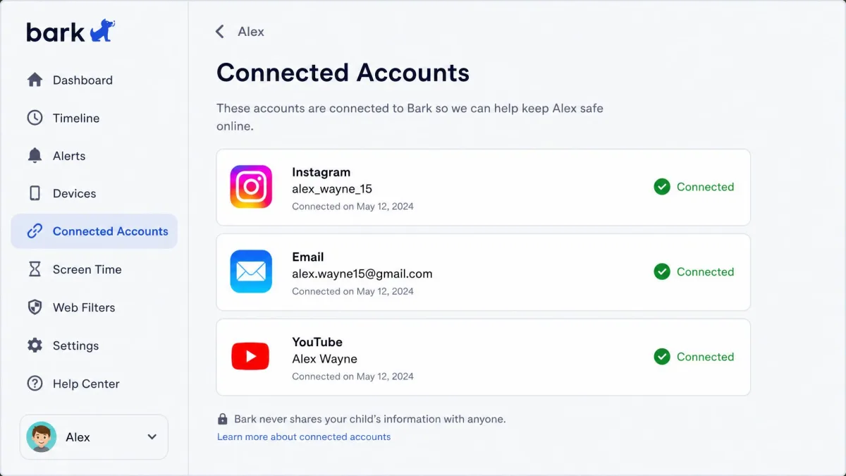 Bark's connected accounts screen showing linked social media, email and YouTube accounts for one child, each with a green connected status marker.