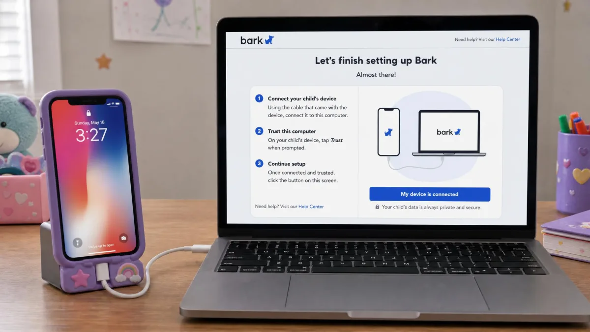 A child's iPhone connected by cable to a laptop during Bark setup, with the Bark installation instructions visible on the laptop screen.