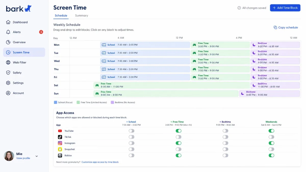 Bark's screen time schedule editor with school, bedtime and free time blocks laid out across a weekly grid, and app toggles listed underneath.