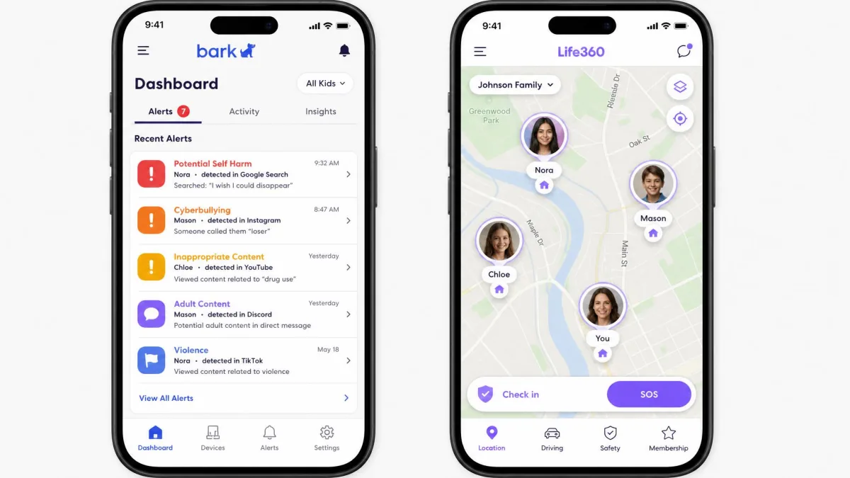 Two phone screens side by side, the Bark parent dashboard showing a list of content alerts on the left and the Life360 live family map with member pins on the right.