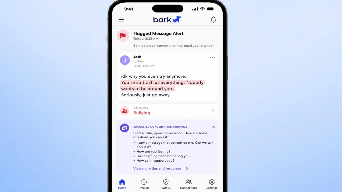 The Bark parent app showing a flagged message alert, with the concerning excerpt highlighted, the category label reading bullying, and the suggested conversation guidance below it.