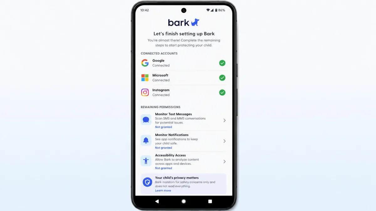 Bark's guided setup to-do list on an Android phone, showing connected accounts ticked off and the remaining permissions still to grant.