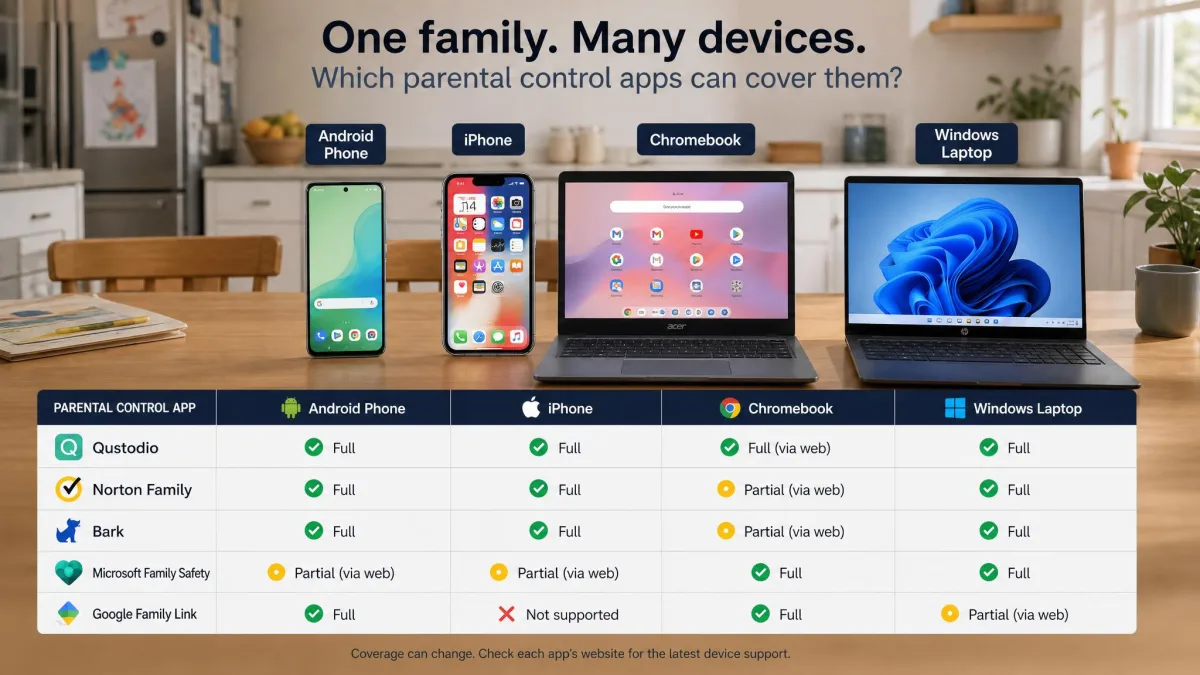 A kitchen table with an Android phone, an iPhone, a Chromebook and a Windows laptop laid out, illustrating the mix of devices in a typical family and which of them each parental control app can cover.