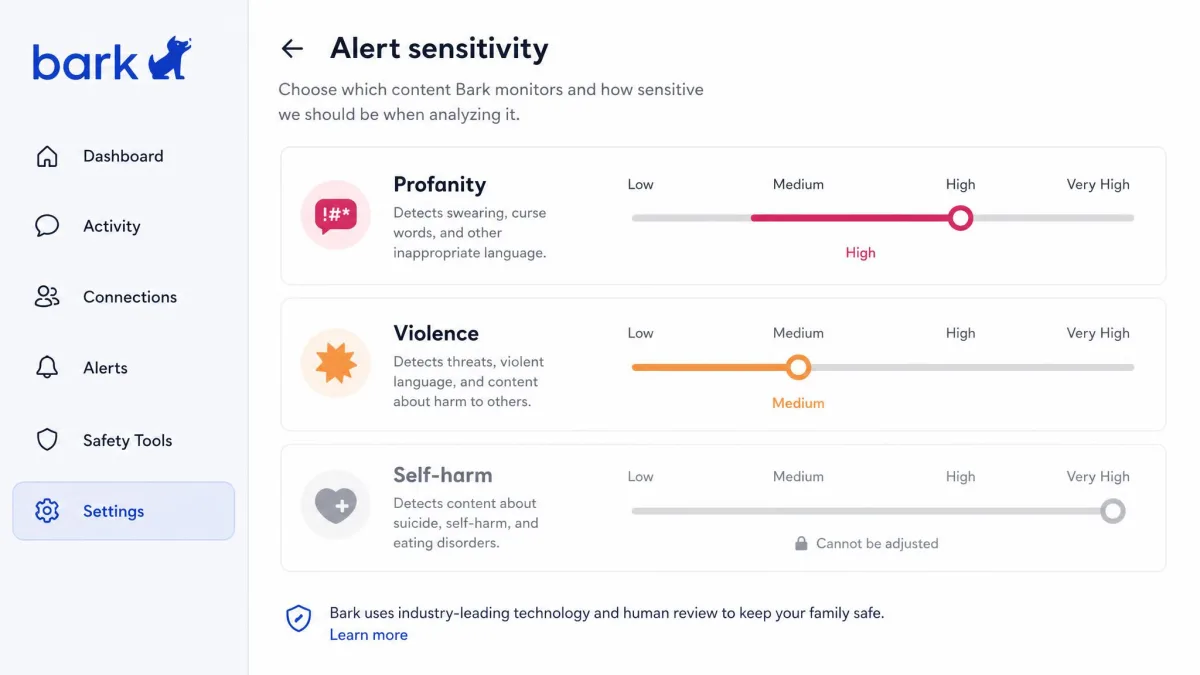 Bark's alert sensitivity settings screen showing category sliders for profanity, violence and self-harm set to different levels, with one category greyed out because it cannot be adjusted.