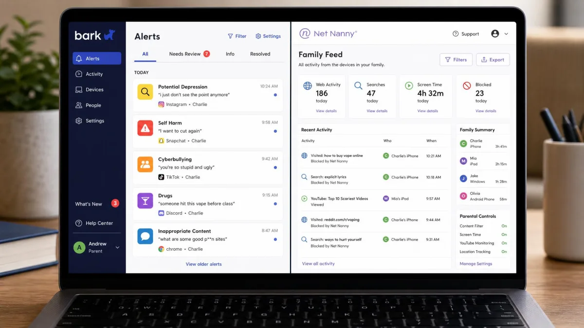 Bark's alert feed on the left and Net Nanny's Family Feed dashboard on the right, shown side by side on a laptop screen so the monitoring-first and filtering-first layouts can be compared directly.