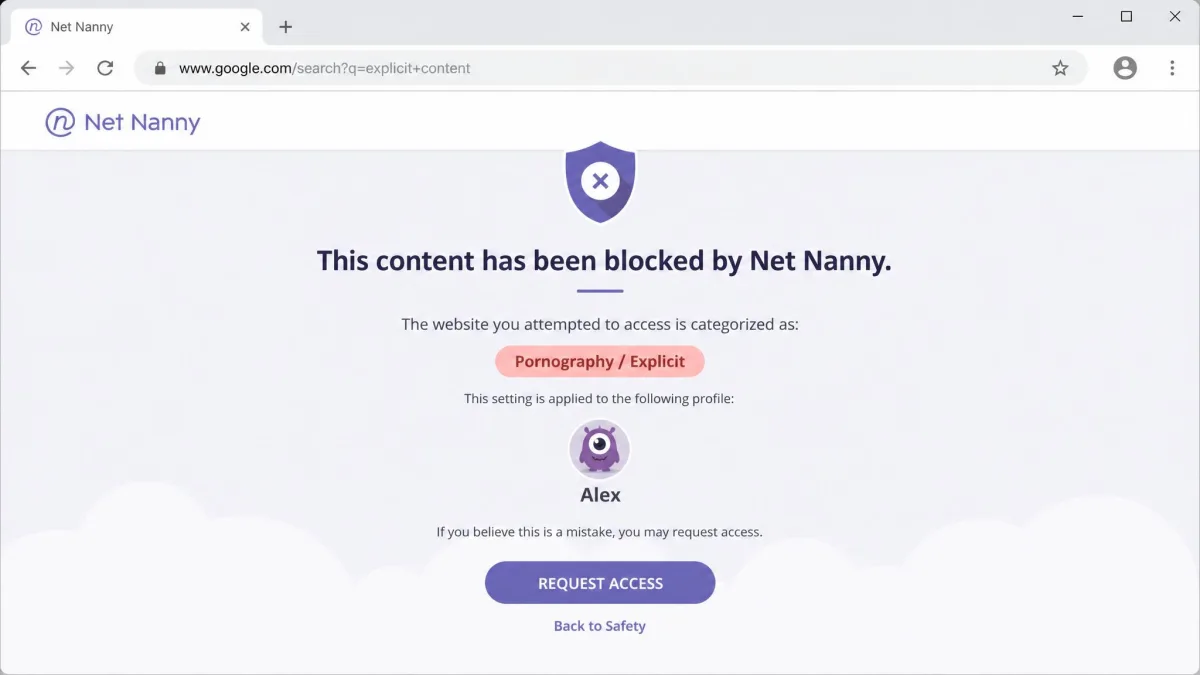 Net Nanny's block screen appearing in a desktop browser after an explicit search, showing the blocked category, the child profile name, and the request access button.