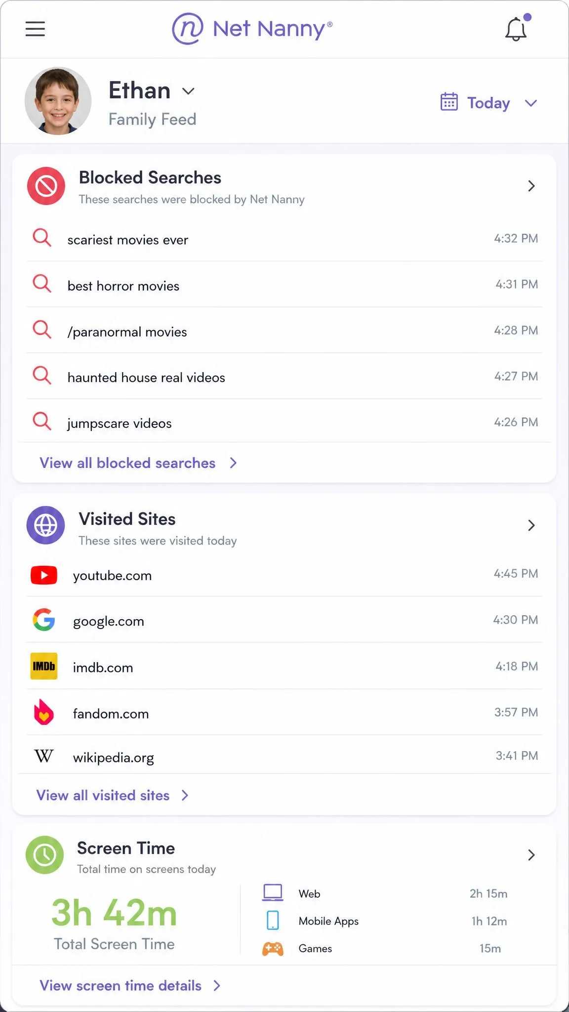 Net Nanny's Family Feed dashboard listing a child's blocked searches for scary movies, visited sites and screen time totals for the day in a single scrolling column.