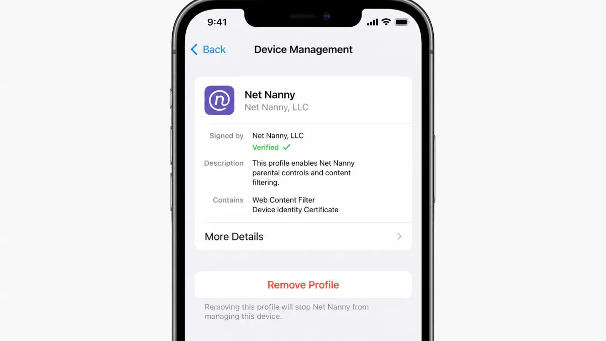 The iPhone Settings screen showing the Net Nanny device management profile with the remove profile button visible, illustrating how easily the controls can be switched off.