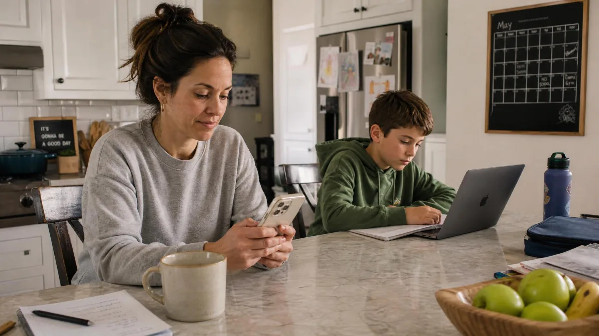 A parent at a kitchen counter reviewing a parental control alert on a phone while a child does homework on a laptop nearby, showing the everyday moment these apps are actually used in.