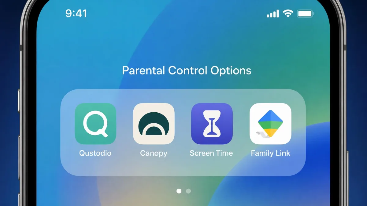 A phone home screen showing the Qustodio, Canopy, Apple Screen Time and Google Family Link icons grouped together, illustrating the alternative parental control options a family might weigh up instead.