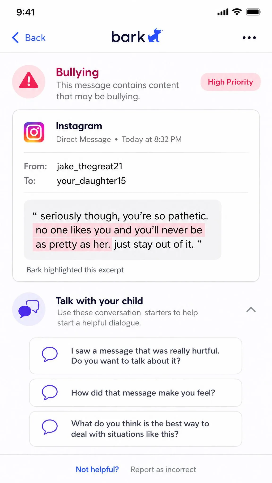 Bark mobile app alert detail screen showing a flagged message categorized under bullying, with the highlighted text excerpt and parent conversation prompts below it.