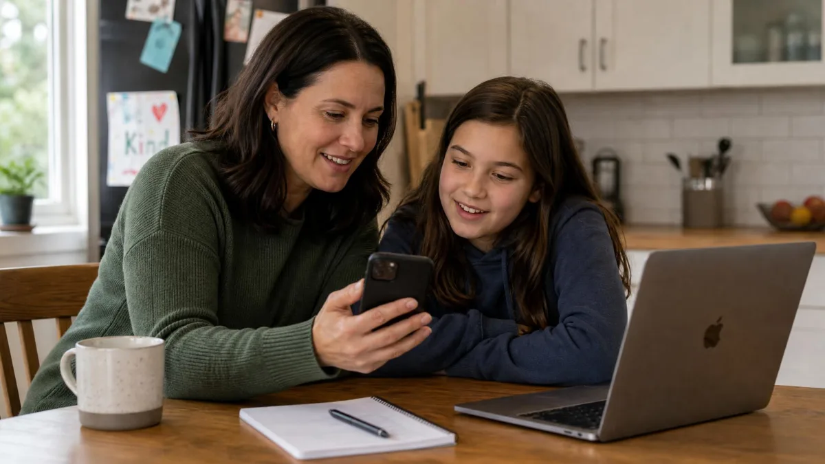 A parent and a preteen sitting together at a kitchen table looking at a phone screen showing app time limits, with a laptop open beside them.