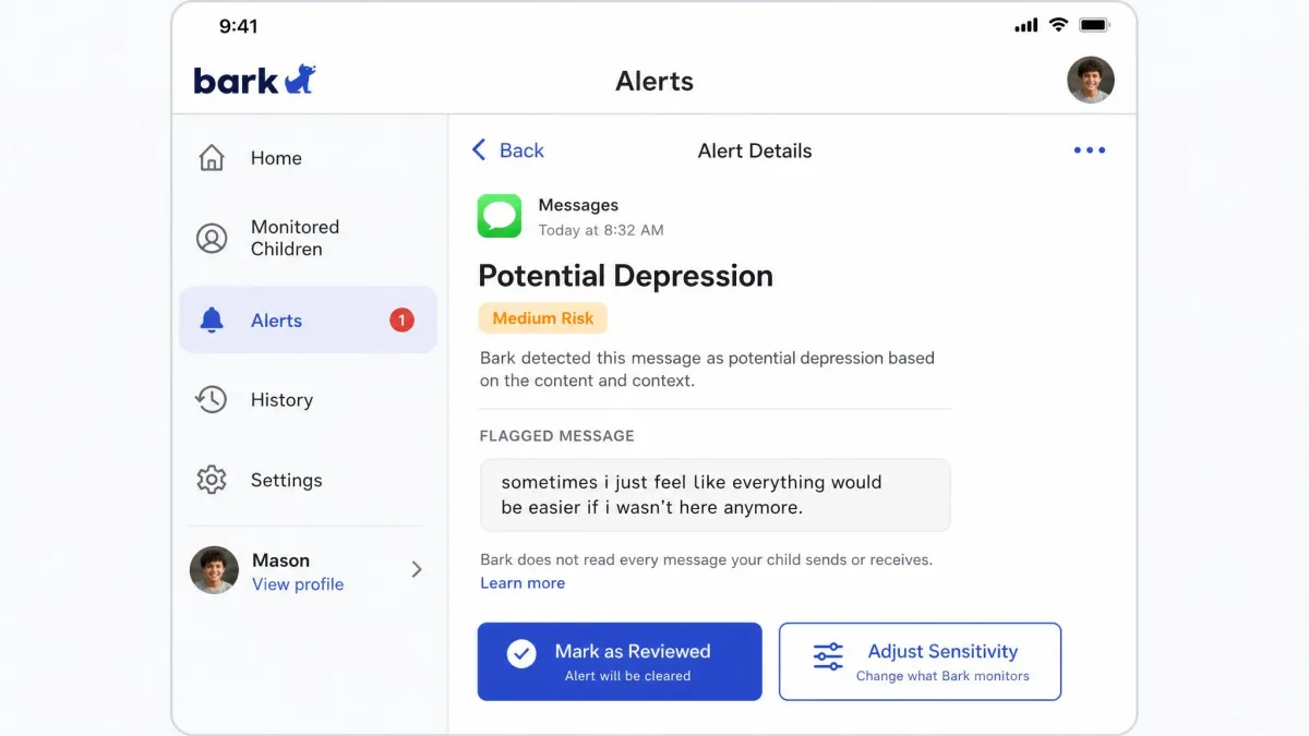 The Bark parent app showing a single content alert opened, with the flagged text message quoted, the risk category labeled, and buttons to mark the alert reviewed or adjust sensitivity.
