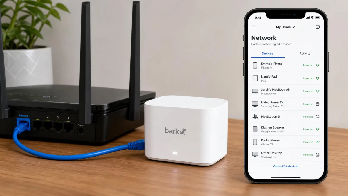 The small white Bark Home box plugged into a home router with an ethernet cable, alongside a phone showing the network device list it filters.