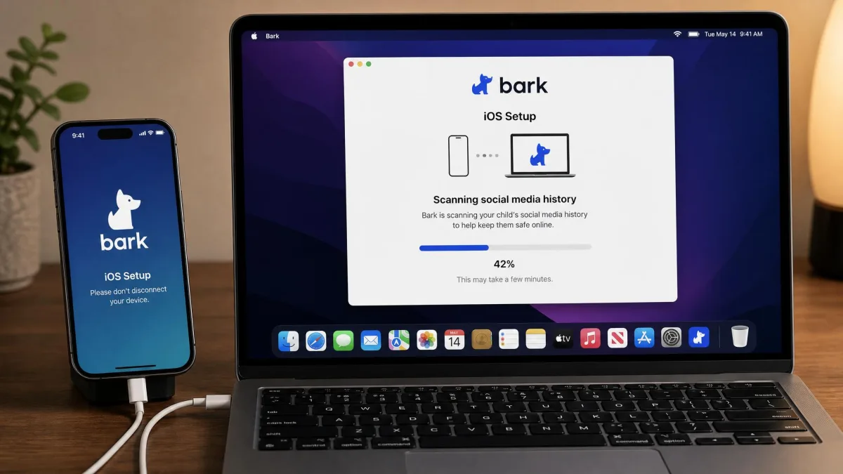 An iPhone connected by cable to a laptop during Bark's iOS setup, with the on-screen installer showing a progress bar labeled as scanning social media history.