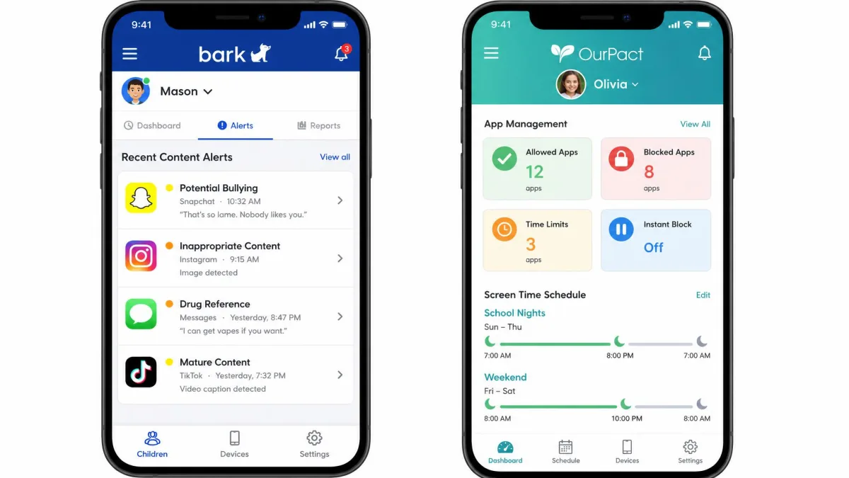 Two phone screens side by side, the Bark parent dashboard showing a list of recent content alerts on the left and the OurPact parent dashboard showing app blocking tiles and a screen time schedule on the right.