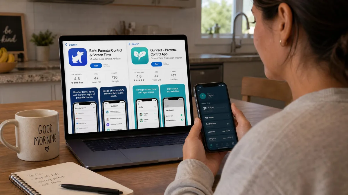 A parent sitting at a kitchen table holding a phone, with the Bark and OurPact app store listings open side by side on a laptop screen behind them.