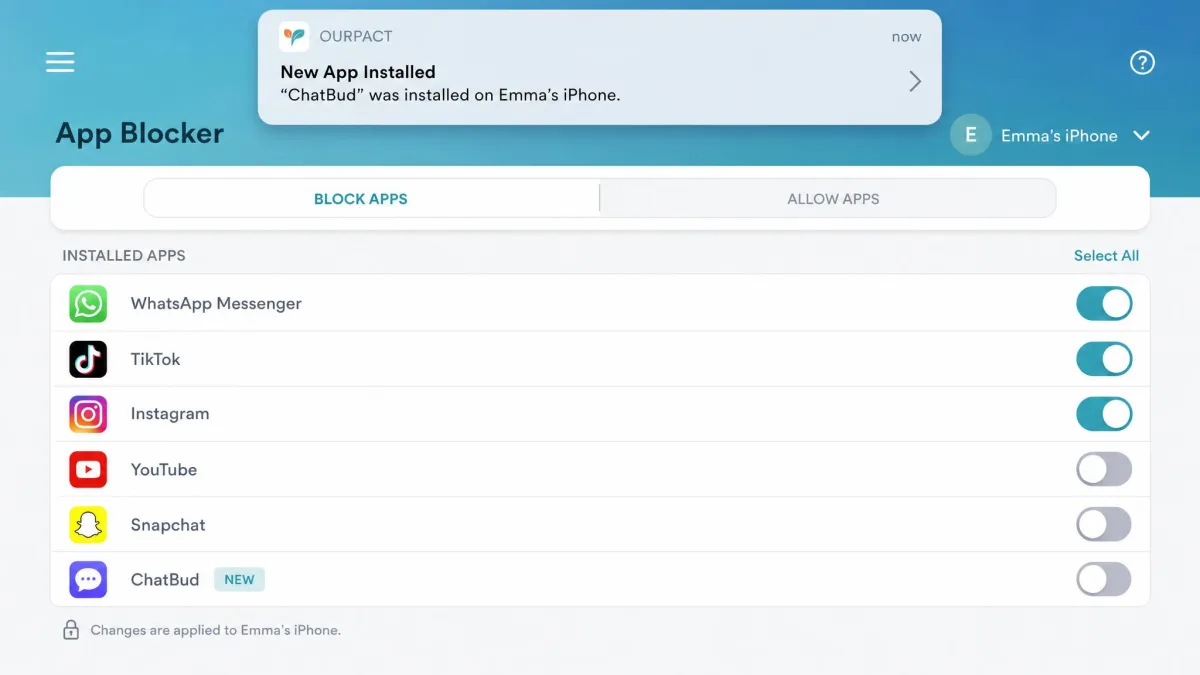 The OurPact app blocker screen listing installed apps with toggle switches, and a notification banner at the top announcing that a new messaging app was installed on the child's device.