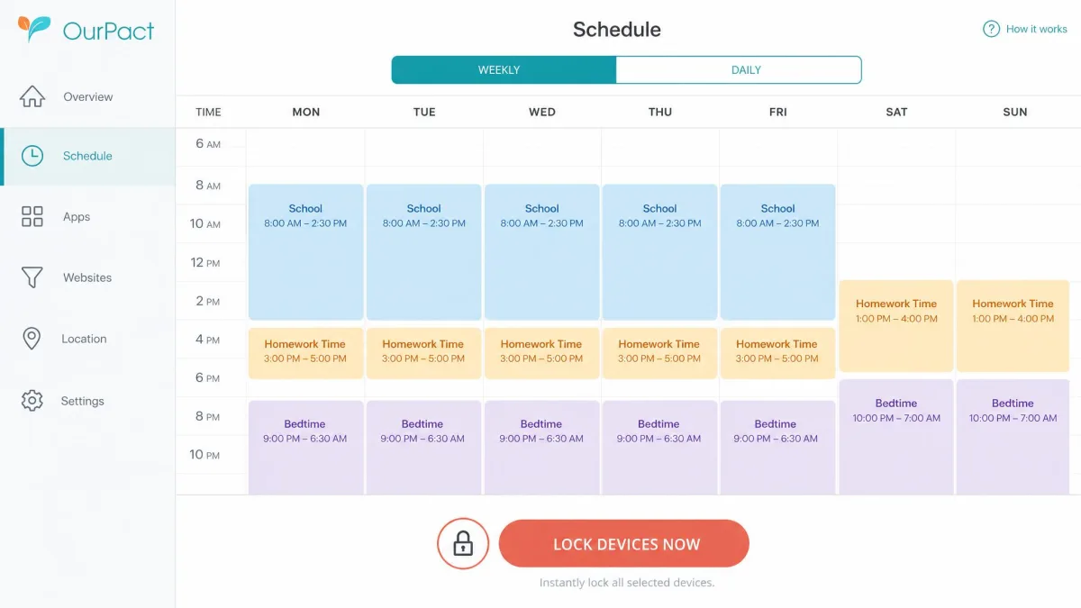 The OurPact scheduling screen showing a weekly grid with school hours, homework time and bedtime blocks shaded in, plus the instant device lock button at the bottom of the screen.