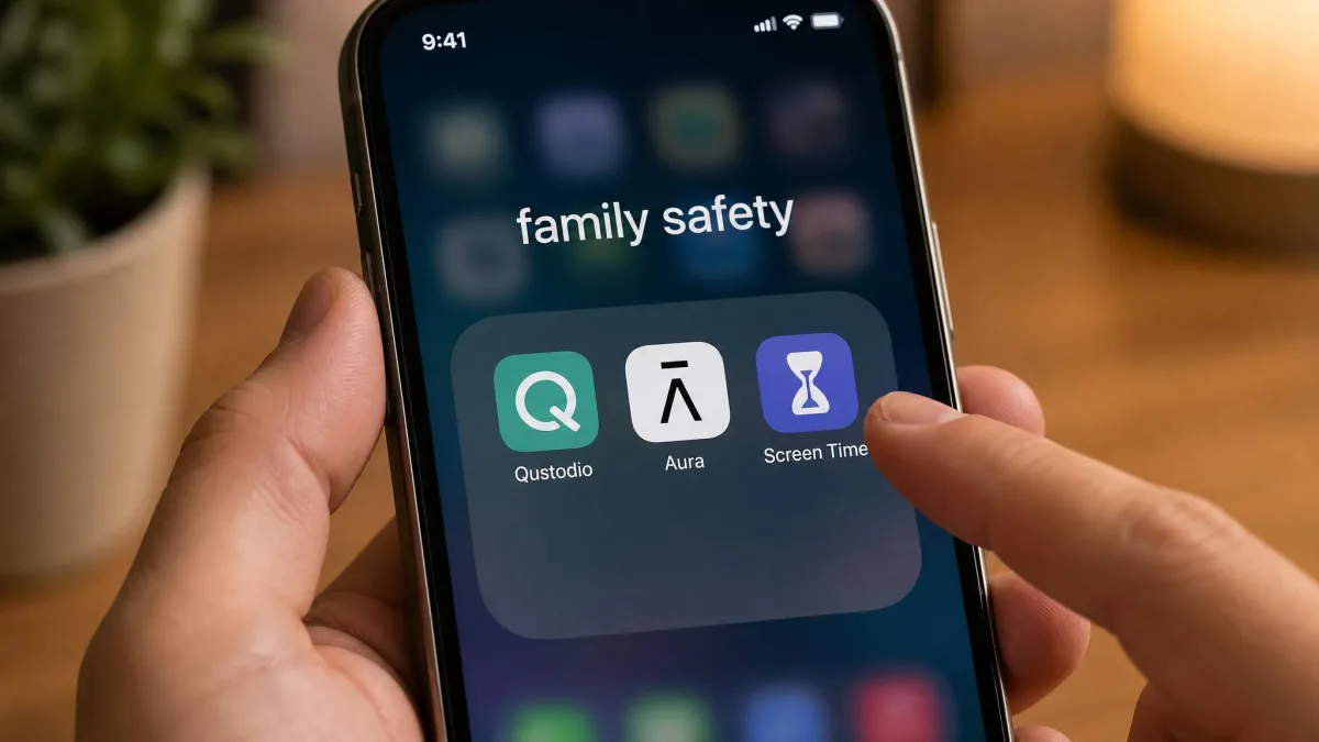A phone home screen showing the Qustodio, Aura and Apple Screen Time icons grouped in a folder labeled family safety, with a parent's hand about to tap one.
