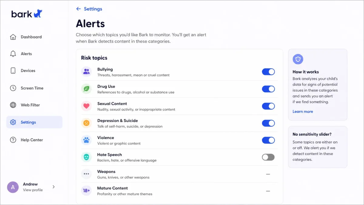 Bark's alert category settings screen listing risk topics such as bullying, drug use and sexual content, with toggles beside each one and no sensitivity slider on several.