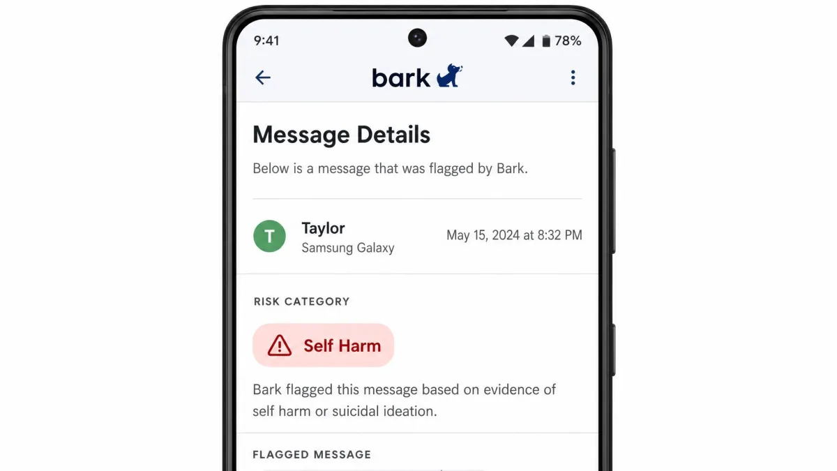 Bark's alert detail screen showing a flagged message snippet labelled with a risk category, viewed on an Android phone.