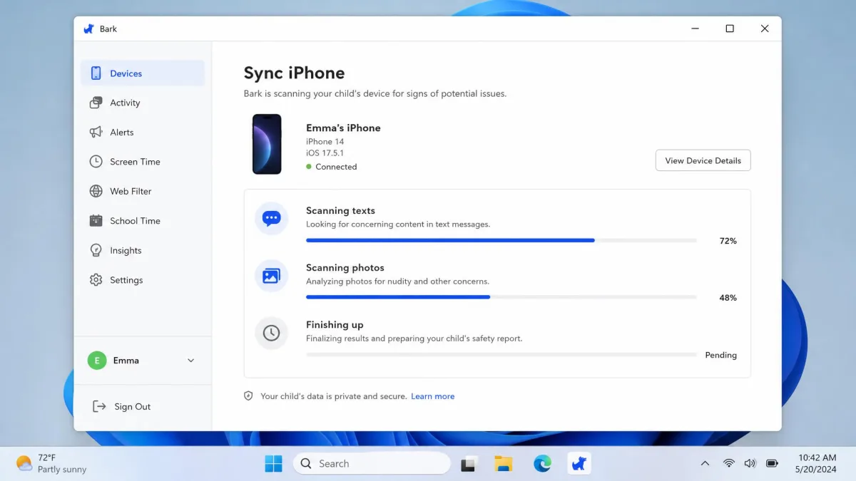 Bark's desktop app on a Windows laptop showing the iPhone sync screen with a connected iPhone listed and a progress bar for scanning texts and photos.
