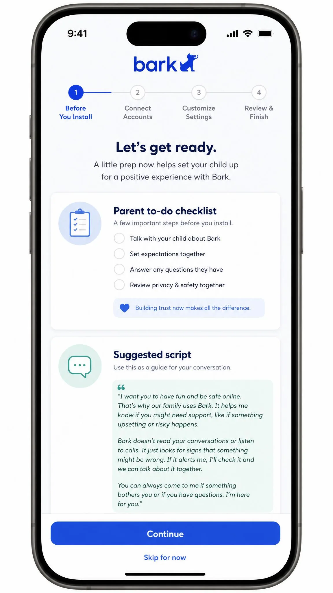 Bark's setup wizard on a phone showing a parent to-do checklist alongside a suggested script for explaining the app to a child before installing it.