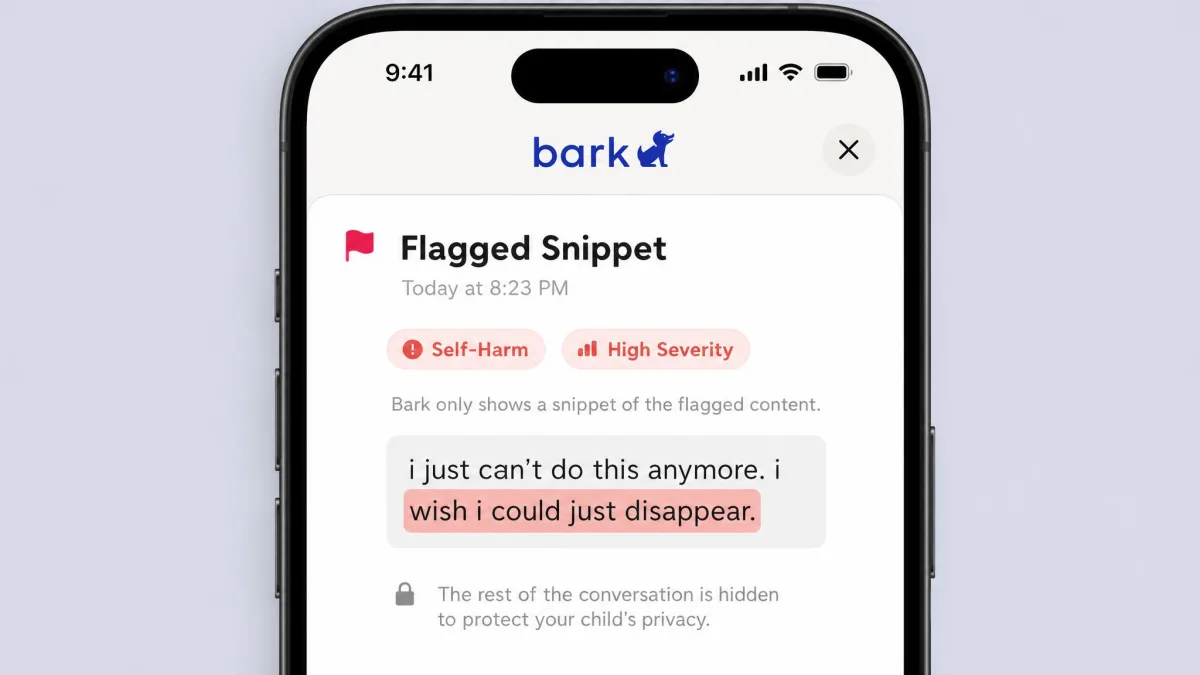 A phone screen showing Bark's flagged snippet view, with only the highlighted portion of a chat visible and the rest of the conversation deliberately hidden.